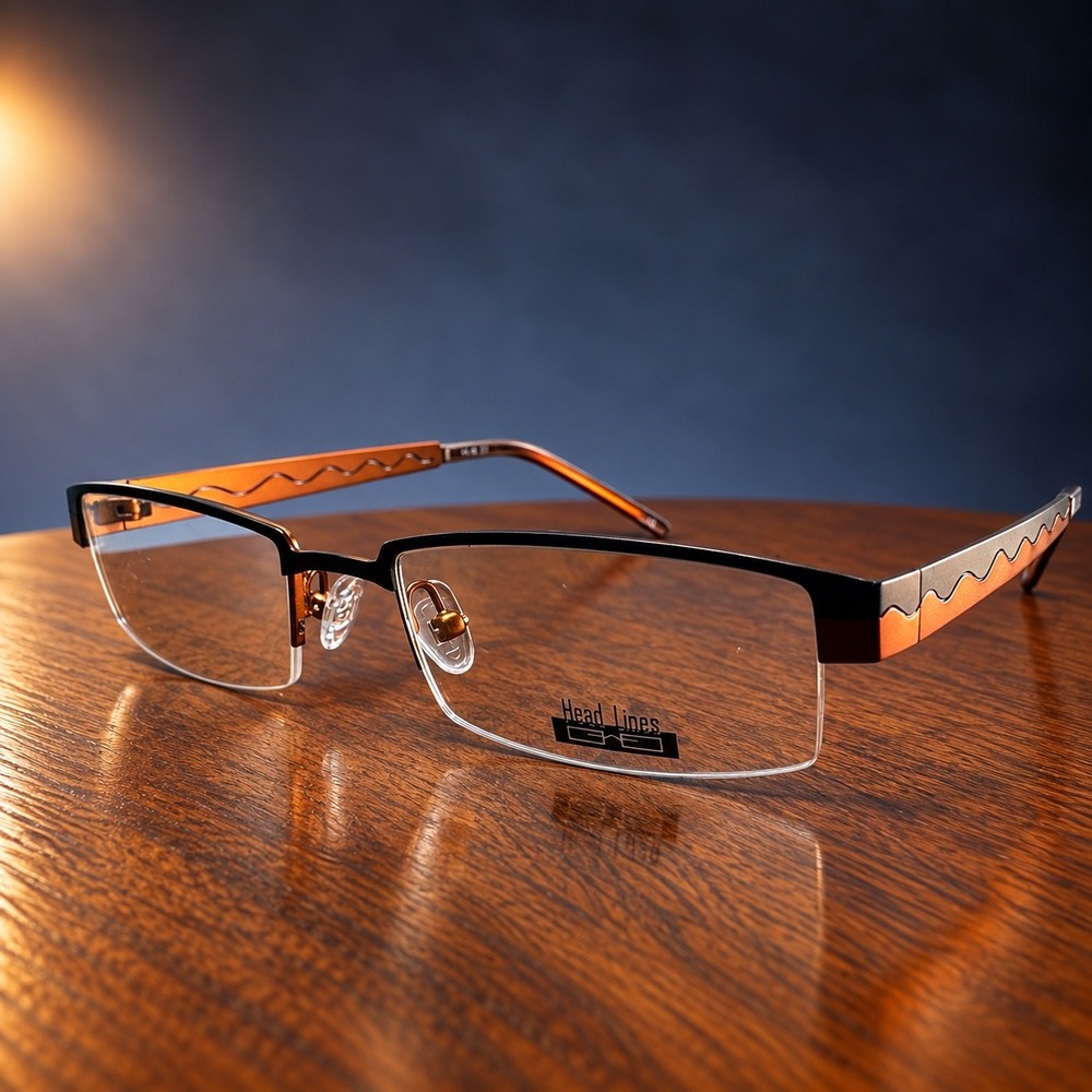 Head Lines HL-49 C1 Rectangular Semi Rimless Eyeglass Frames Black Copper Japan